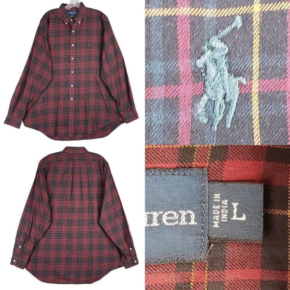 Polo Ralph Lauren Shirt Oxford Mens Size Large L Red Plaid Button Down